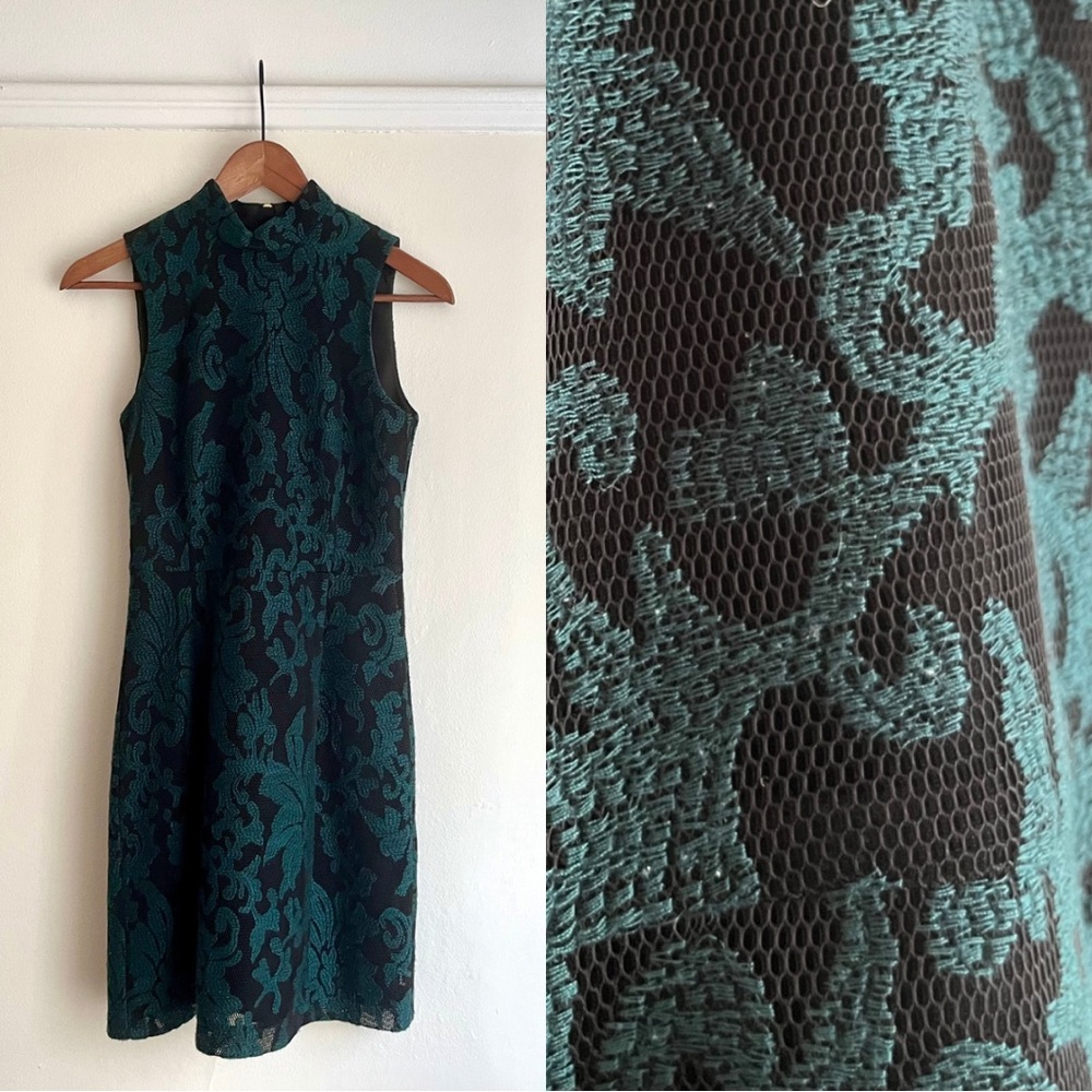 Teal jacquard shift dress mock neck